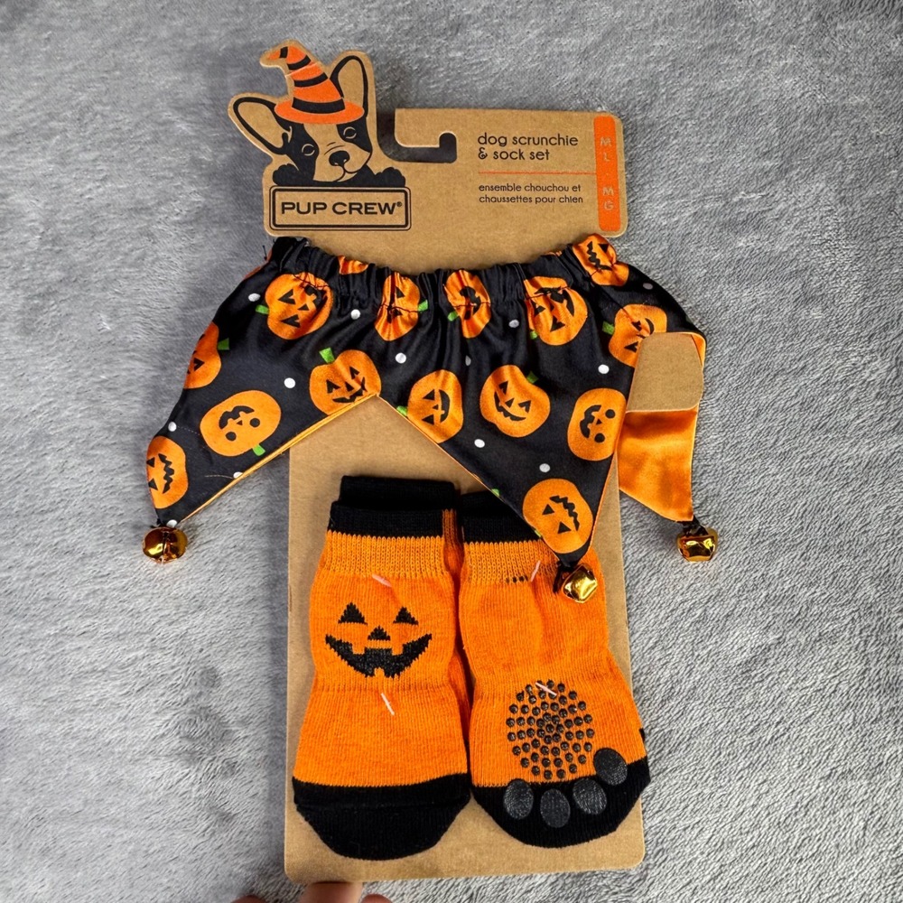 Pup Crew Dog Scrunchie  Sock Set M/L Orange Halloween Pumpkin Jester Jingle Bell